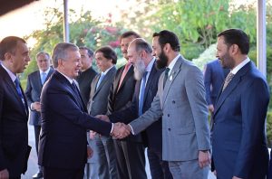 Prime Minister Muhammad Shehbaz Sharif and President of Uzbekistan Shavkat Mirziyoyev introducing their respecting delegations after the Guard of honour ceremony at Prime Minister's House.