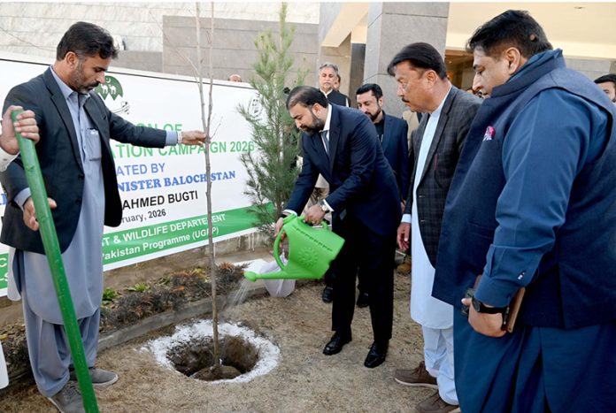 Chief Minister Balochistan Mir Sarfraz Bugti inaugurating tree plantation campaign 2026 in province by planting a tree at CM's Secretariat Quetta