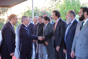 Prime Minister Muhammad Shehbaz Sharif and President of Uzbekistan Shavkat Mirziyoyev introducing their respecting delegations after the Guard of honour ceremony at Prime Minister's House.