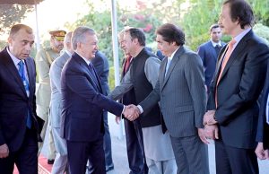 Prime Minister Muhammad Shehbaz Sharif and President of Uzbekistan Shavkat Mirziyoyev introducing their respecting delegations after the Guard of honour ceremony at Prime Minister's House.