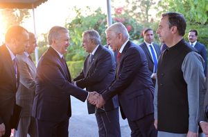 Prime Minister Muhammad Shehbaz Sharif and President of Uzbekistan Shavkat Mirziyoyev introducing their respecting delegations after the Guard of honour ceremony at Prime Minister's House.