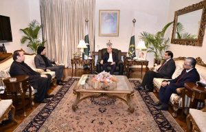 President Asif Ali Zardari meeting Senator Faisal Vawda, with Senator Saleem Mandviwala and Dr. Asim Hussain also present
