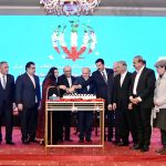 President Asif Ali Zardari, accompanied by Faisal Karim Kundi, Governor Khyber Pakhtunkhwa; Syed Mehdi Shah, Governor Gilgit-Baltistan; Jam Kamal Khan, Federal Minister for Commerce; Ambassador of Iran, Dr. Reza Amiri Moghaddam, and other dignitaries, cuts a cake at a reception to commemorate the 47th Anniversary of the Victory of the Islamic Revolution of Iran and Iran’s National Day