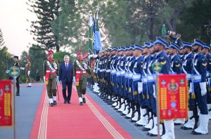 President of Uzbekistan Shavkat Mirziyoyev receives Guard of Honour at Prime Minister's House.