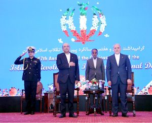 President Asif Ali Zardari and Ambassador of Iran Dr. Reza Amiri Moghaddam stand as the National Anthems of Pakistan and Iran are played at a reception to commemorate the 47th Anniversary of the Victory of the Islamic Revolution of Iran and Iran’s National Day