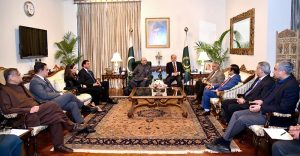 President Asif Ali Zardari in a meeting with Prime Minister Muhammad Shehbaz Sharif at Aiwan-e-Sadr; the Prime Minister was accompanied by key cabinet ministers Muhammad Ishaq Dar, Syed Mohsin Raza Naqvi, Azam Nazeer Tarar, Ahad Khan Cheema, Dr. Syed Touqeer Hussain Shah, and Rana Sanaullah; while the President was assisted by Sherry Rehman, Raja Pervez Ashraf and Dr. Asim Hussain.