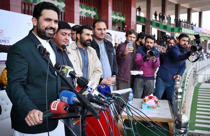 Chief Minister KP Sohail Afridi addressing during the opening ceremony of U-21 Khyber Pakhtunkhwa Gamers 2026 at Qayum Sports Complex