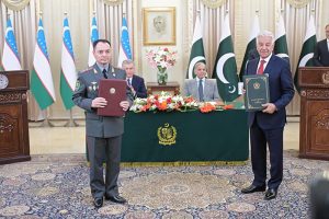 Prime Minister Muhammad Shehbaz Sharif and President of Uzbekistan Shavkat Mirziyoyev witnessing the MOUs exchanging ceremony between Pakistan and Uzbekistan.