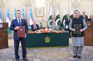 Prime Minister Muhammad Shehbaz Sharif and President of Uzbekistan Shavkat Mirziyoyev witnessing the MOUs exchanging ceremony between Pakistan and Uzbekistan.