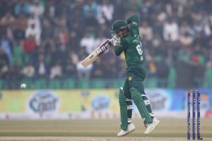 Pakistan's batter Babar Azam plays a shot during the third Twenty20 international cricket match between Pakistan and Australia at the Gaddafi Stadium