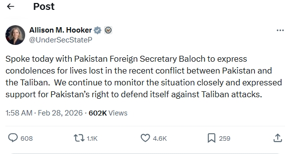 US supports Pakistan’s right to self defence against Taliban attacks: Allison M. Hooker