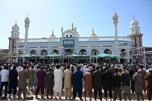 A large number of faithful offer the fourth Friday (Jumma) prayer at Gole Chowk Masjid during the holy month of Ramazan.
