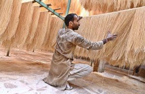 Worker busy arranging and hanging vermicelli (seviyan) on the bamboos stand for drying purpose after preparing it, ahead of Eid-ul-Fitr at local factory.