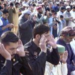 A large number of faithful offering Eidul Fitr prayer at Eidgah Sharif