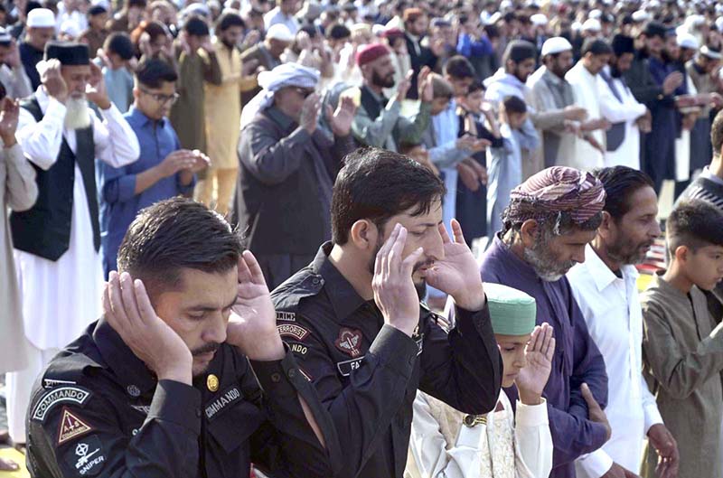 A large number of faithful offering Eidul Fitr prayer at Eidgah Sharif