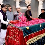 President Asif Ali Zardari along with Chairman Pakistan People’s Party, Bilawal Bhutto Zardari showering flowers on grave of Shaheed Mohtarma Benazir Bhutto on the third day of Eid al-Fitr at Garhi Khuda Bakhsh