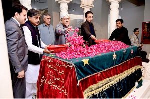President Asif Ali Zardari along with Chairman Pakistan People’s Party, Bilawal Bhutto Zardari showering flowers on grave of Shaheed Mohtarma Benazir Bhutto on the third day of Eid al-Fitr at Garhi Khuda Bakhsh
