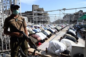 A large number of faithful offer the fourth Friday (Jumma) prayer at Gole Chowk Masjid during the holy month of Ramazan.