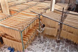 Worker busy arranging and hanging vermicelli (seviyan) on the bamboos stand for drying purpose after preparing it, ahead of Eid-ul-Fitr at local factory.
