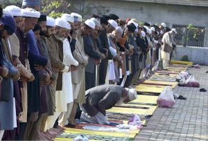 A large number of faithful offering Eidul Fitr prayer at Eidgah Sharif