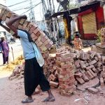 Labourer busy in shifting bricks during construction work of a house.