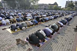 A large number of faithful offering Eidul Fitr prayer at Eidgah Sharif