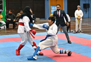 Karate Players lock in fierce combat during the Karate Championship organized by the Sports Department Sargodha as part of the Ramazan Night Sports Festival at the Sports Gymnasium, held on the instructions of Deputy Commissioner Hussain Ahmed Raza.