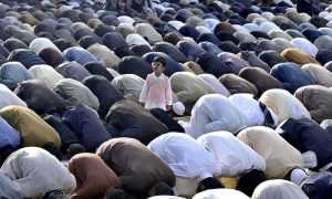 A large number of faithful offering Eidul Fitr prayer at Eidgah Sharif
