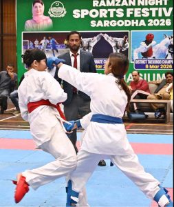 Karate Players lock in fierce combat during the Karate Championship organized by the Sports Department Sargodha as part of the Ramazan Night Sports Festival at the Sports Gymnasium, held on the instructions of Deputy Commissioner Hussain Ahmed Raza.