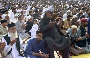A large number of faithful offering Eidul Fitr prayer at Eidgah Sharif