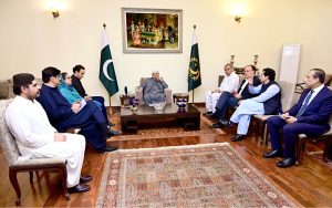 President Asif Ali Zardari in a meeting with the Interior, Finance and Petroleum Ministers to review security, economic, and energy challenges at Bhutto House Naudero