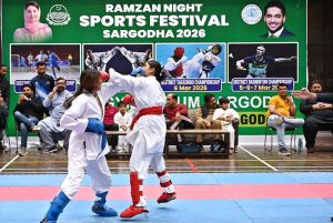 Karate Players lock in fierce combat during the Karate Championship organized by the Sports Department Sargodha as part of the Ramazan Night Sports Festival at the Sports Gymnasium, held on the instructions of Deputy Commissioner Hussain Ahmed Raza.
