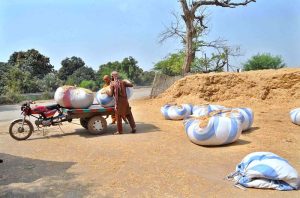 Workers are loading large sacks of husk from wheat onto a motorcycle cart at a roadside depot for transportation to different parts of the city.