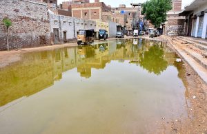 A view of sewerage water accumulated on the road at goods naka area.