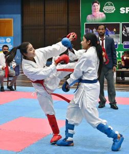Karate Players lock in fierce combat during the Karate Championship organized by the Sports Department Sargodha as part of the Ramazan Night Sports Festival at the Sports Gymnasium, held on the instructions of Deputy Commissioner Hussain Ahmed Raza.