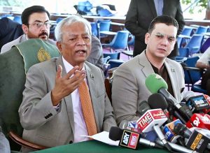 Governor Sindh Muhammad Nehal Hashmi addressing a press conference at Governor House.