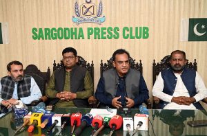 Commissioner Sargodha Division Hafiz Shaukat Ali talking to media persons at Sargodha Press Club.