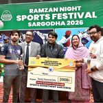 Deputy Commissioner Hussain Ahmed Raza, District Public Prosecutor Malik Amir Shahzad and District Sports Officer Madam Saima Manzoor distributing prizes to the winners during the closing ceremony of the Ramazan Night Sports Festival organized by the Sports Department Sargodha at the Sports Gymnasium