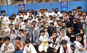 Deputy Commissioner Hussain Ahmed Raza, District Public Prosecutor Malik Amir Shahzad and District Sports Officer Madam Saima Manzoor distributing prizes to the winners during the closing ceremony of the Ramazan Night Sports Festival organized by the Sports Department Sargodha at the Sports Gymnasium