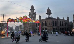 A colorful illuminated arch at Ghanta Ghar Chowk adds to the festive decorations in the city ahead of Eid-ul-Fitr celebrations.