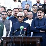 Sindh Governor, Nihal Hashmi along with Sindh Chief Minister Murad Ali Shah talking to media persons after laying floral wreath, during visits to Mazar-e-Quaid on the occasion of Pakistan Day