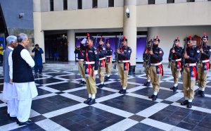 Police squad giving guard of honour to the WAFAQI MOHTASIB (Ombudsman), Naveed Kamran Baloch during his visit at Hyderabad Ombudsman regional office.