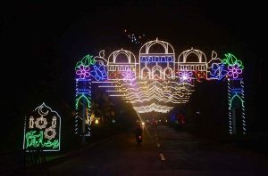 A beautiful view of serena hotel road near Chenab Chowk decorated with colorful lights by Parks and Horticulture Authorities (PHA).
