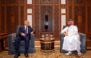 Prime Minister Muhammad Shehbaz Sharif meets the Crown Prince and Prime Minister of Saudi Arabia H.R.H. Prince Muhammad bin Salman.