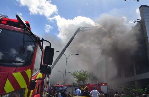 Firefighters are struggling to extinguish a fire that erupted in the basement of a superstore in the Zamzama area during the early hours of Monday.