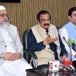 Prime Minister’s Special Adviser on Political and Public Affairs Senator Rana Sanaullah Khan is talking to media persons after offering Eidul Fitr prayer at his public secretariat