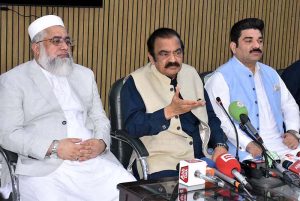 Prime Minister’s Special Adviser on Political and Public Affairs Senator Rana Sanaullah Khan is talking to media persons after offering Eidul Fitr prayer at his public secretariat