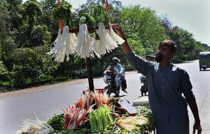 A street vendor sells fresh salad on a handcart to attract customers in the city.