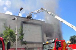 Firefighters are struggling to extinguish a fire that erupted in the basement of a superstore in the Zamzama area during the early hours of Monday.