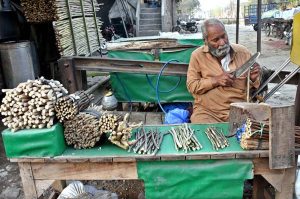 A tricycle loader on the way loaded with sugarcane at Multan Road